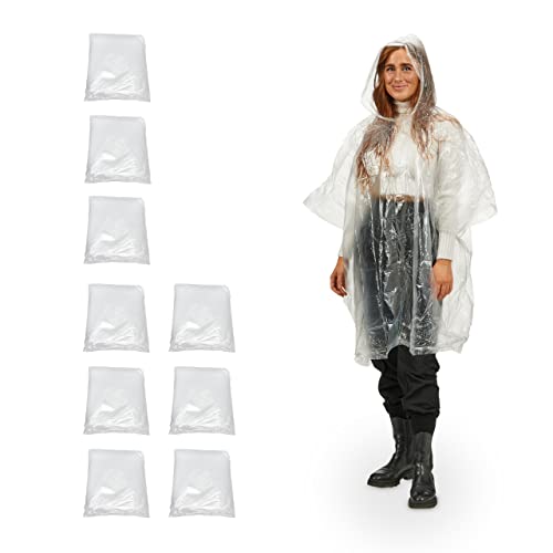 10 x Regenponcho, Regenumhang mit Kapuze, Einweg Regencape für Erwachsene, Unisex Regenschutz, PE, transparent von Relaxdays
