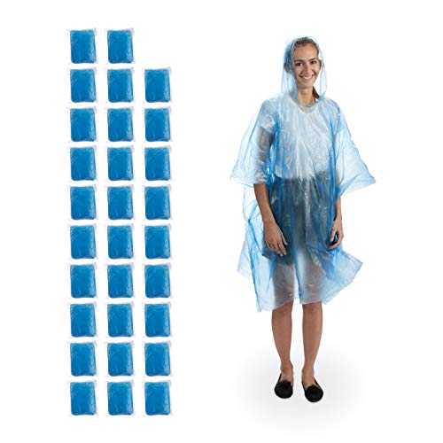 30 x Regenponcho, Überzug mit Kapuze, Einweg Regencape für Erwachsene, Unisex Regenschutz, PE, blau von Relaxdays