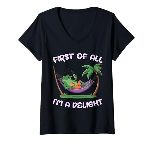 Damen First of All I'm a Delight – lustiges, entspanntes Frosch-Design T-Shirt mit V-Ausschnitt Damen First of All I'm a Delight – lustiges, entspanntes Frosch-Design T-Shirt mit V-Ausschnitt von Relaxed Funny Animal Humor Apparel Vibes
