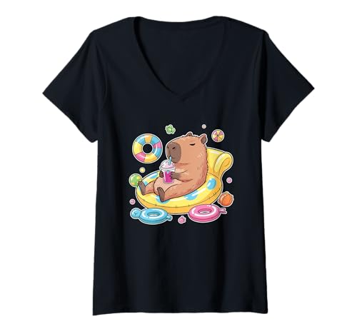 Damen Chill Capybara Pool Float Drink – Summer Vacation Vibes T-Shirt mit V-Ausschnitt Damen Chill Capybara Pool Float Drink – Summer Vacation Vibes T-Shirt mit V-Ausschnitt von Relaxed Rodent Apparel Tropical Island Lifes Tees