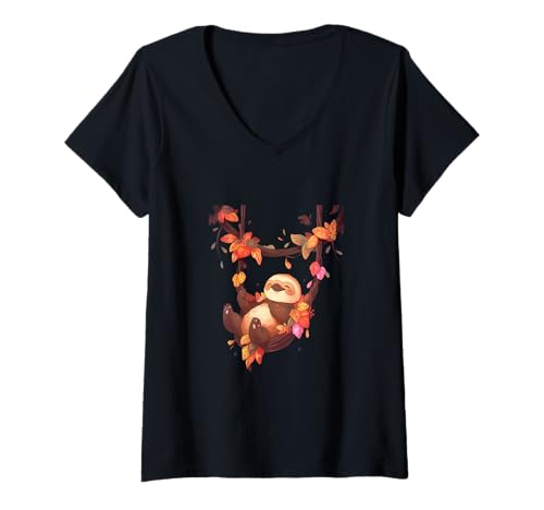 Damen Herbst Faultier Hängematte Gemütliche Herbstblätter T-Shirt mit V-Ausschnitt Damen Herbst Faultier Hängematte Gemütliche Herbstblätter T-Shirt mit V-Ausschnitt von Relaxed Sloth Swinging Forest Fall Vibes