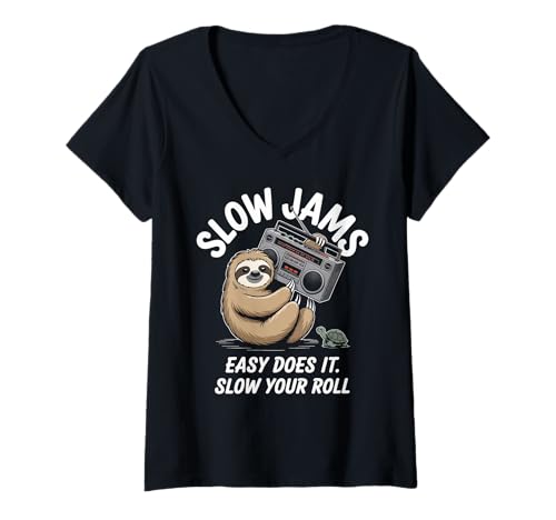 Damen Lustiger Spruch Slow Jams Easy Does It Chill Humor Women Men T-Shirt mit V-Ausschnitt von Relaxed Turtle Music Vintage Groove Mood Wife Dad