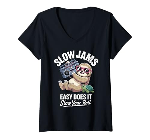 Damen Lustiger Spruch Slow Jams Easy Does It Chill Humor Women Men T-Shirt mit V-Ausschnitt von Relaxed Turtle Music Vintage Groove Mood Wife Dad