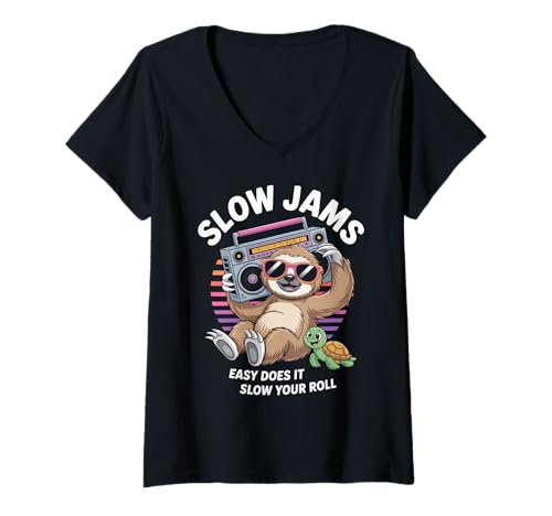 Damen Lustiger Spruch Slow Jams Easy Does It Chill Humor Women Men T-Shirt mit V-Ausschnitt von Relaxed Turtle Music Vintage Groove Mood Wife Dad