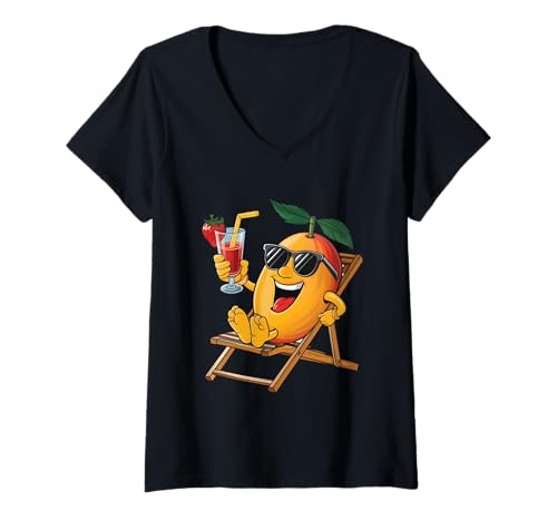 Damen Entspannende Früchte Mango T-Shirt mit V-Ausschnitt von Relaxing Mango Sunglasses Mango