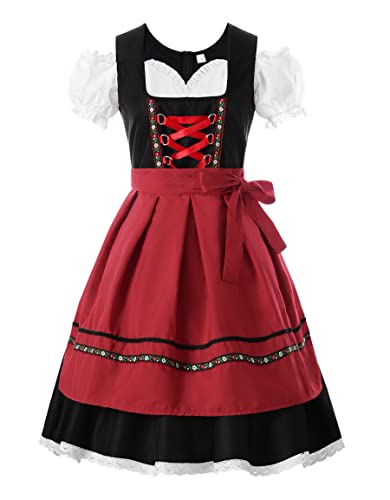ReliBeauty Dirndl Damen Midi mit Dirndlschürze 2-in-1 Kleid mit Hosetasche, Rot und Schwarz,46 (XXL) von ReliBeauty