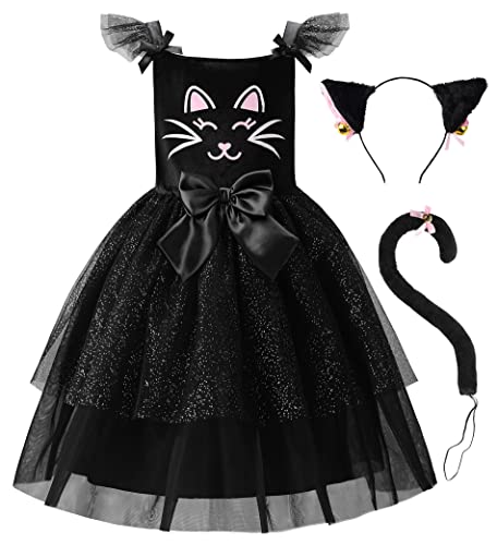 ReliBeauty Katzenkostüm Kinder Kleid Mädchen mit Katzenschwanz Katzenohr Halskette，140 von ReliBeauty