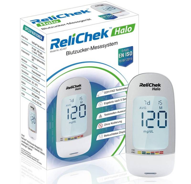 ReliChek Blutzuckermessgerät Halo, Starterset in MG und MMOL, Ink. 10 Tetsteifen, 10 Lanzetten und Lanzettiergerät, Blutzucker Messgerät von ReliChek