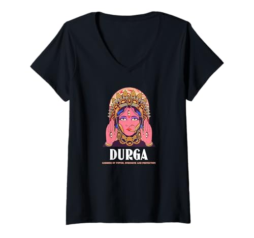 Damen Durga – Göttin der Kraft, Stärke und des Schutzes T-Shirt mit V-Ausschnitt von Religion, Spirituality and other Beliefs