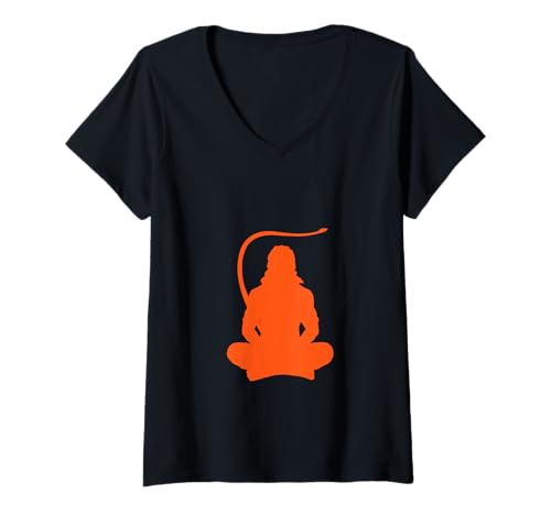 Damen Meditierender Lord Hanuman Bajrang Bali Hinduismus Hingabe T-Shirt mit V-Ausschnitt von Religion Co.