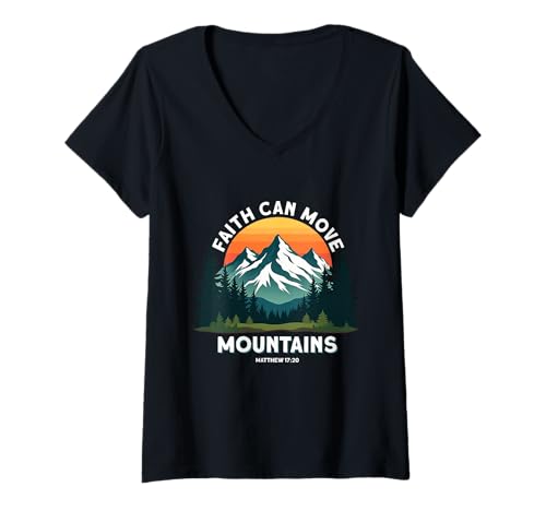 Damen Faith Can Move Mountains Matthäus 17:20 Wandern Christian T-Shirt mit V-Ausschnitt von Religious Christian Bible God Shirts