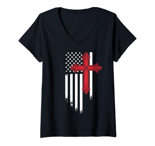 Damen Religiöses katholisches Kreuz Amerikanische USA-Flagge T-Shirt mit V-Ausschnitt Damen Religiöses katholisches Kreuz Amerikanische USA-Flagge T-Shirt mit V-Ausschnitt von Religious Christian Catholic