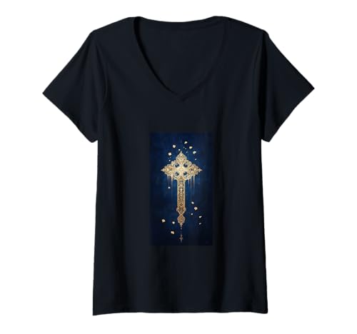 Damen Gothic Kreuz Grunge Aesthetic Y2k Goth Christian T-Shirt mit V-Ausschnitt Damen Gothic Kreuz Grunge Aesthetic Y2k Goth Christian T-Shirt mit V-Ausschnitt von Religious Faith Christianity Cross Jesus