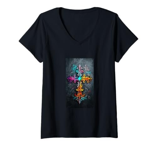 Damen Gothic Kreuz Grunge Aesthetic Y2k Goth Christian T-Shirt mit V-Ausschnitt Damen Gothic Kreuz Grunge Aesthetic Y2k Goth Christian T-Shirt mit V-Ausschnitt von Religious Faith Christianity Cross Jesus