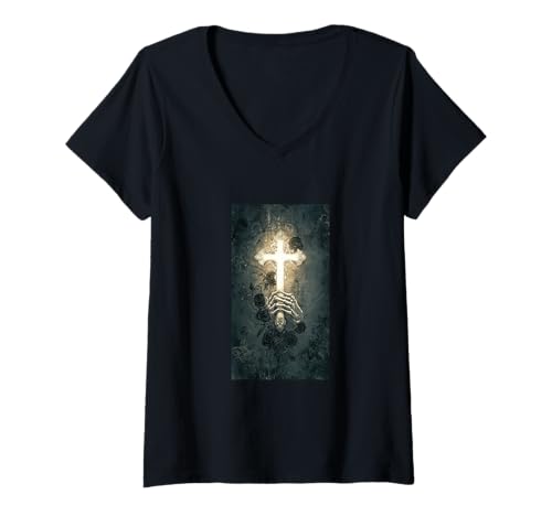 Damen Gothic Kreuz Grunge Aesthetic Y2k Goth Christian T-Shirt mit V-Ausschnitt Damen Gothic Kreuz Grunge Aesthetic Y2k Goth Christian T-Shirt mit V-Ausschnitt von Religious Faith Christianity Cross Jesus