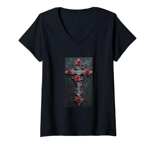 Damen Gothic Kreuz Grunge Aesthetic Y2k Goth Christian T-Shirt mit V-Ausschnitt Damen Gothic Kreuz Grunge Aesthetic Y2k Goth Christian T-Shirt mit V-Ausschnitt von Religious Faith Christianity Cross Jesus