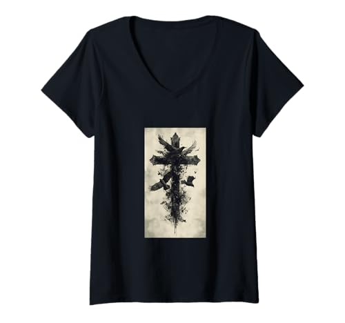 Damen Gothic Kreuz Grunge Aesthetic Y2k Goth Christian T-Shirt mit V-Ausschnitt Damen Gothic Kreuz Grunge Aesthetic Y2k Goth Christian T-Shirt mit V-Ausschnitt von Religious Faith Christianity Cross Jesus