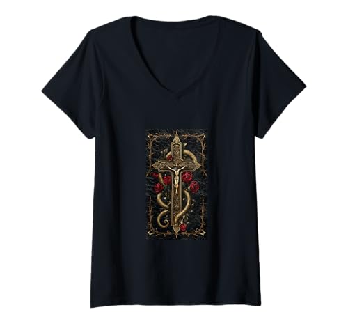 Damen Gothic Kreuz Grunge Aesthetic Y2k Goth Christian T-Shirt mit V-Ausschnitt Damen Gothic Kreuz Grunge Aesthetic Y2k Goth Christian T-Shirt mit V-Ausschnitt von Religious Faith Christianity Cross Jesus