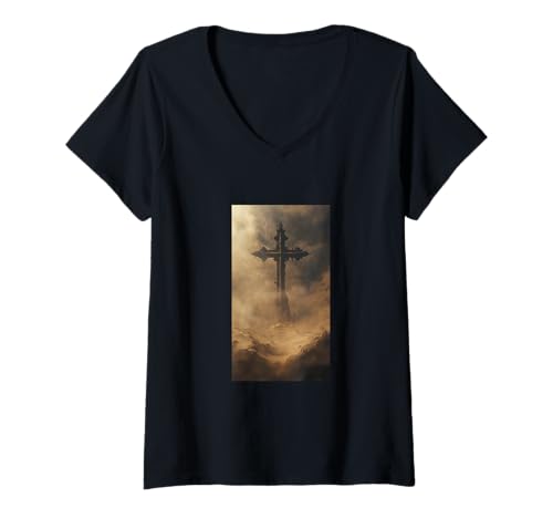 Damen Gothic Kreuz Grunge Aesthetic Y2k Goth Christian T-Shirt mit V-Ausschnitt Damen Gothic Kreuz Grunge Aesthetic Y2k Goth Christian T-Shirt mit V-Ausschnitt von Religious Faith Christianity Cross Jesus