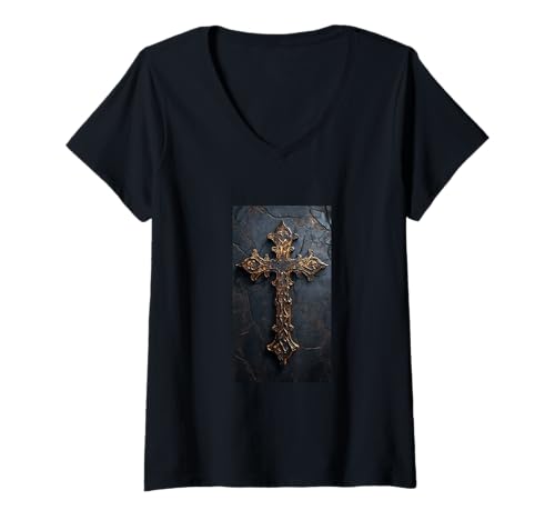 Damen Gothic Kreuz Grunge Aesthetic Y2k Goth Christian T-Shirt mit V-Ausschnitt Damen Gothic Kreuz Grunge Aesthetic Y2k Goth Christian T-Shirt mit V-Ausschnitt von Religious Faith Christianity Cross Jesus