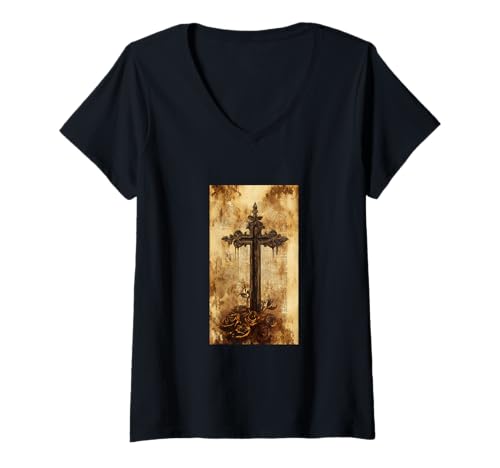 Damen Gothic Kreuz Grunge Aesthetic Y2k Goth Christian T-Shirt mit V-Ausschnitt Damen Gothic Kreuz Grunge Aesthetic Y2k Goth Christian T-Shirt mit V-Ausschnitt von Religious Faith Christianity Cross Jesus