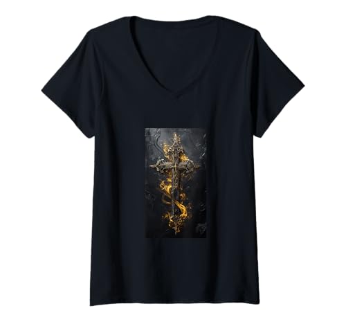 Damen Gothic Kreuz Grunge Aesthetic Y2k Goth Christian T-Shirt mit V-Ausschnitt Damen Gothic Kreuz Grunge Aesthetic Y2k Goth Christian T-Shirt mit V-Ausschnitt von Religious Faith Christianity Cross Jesus