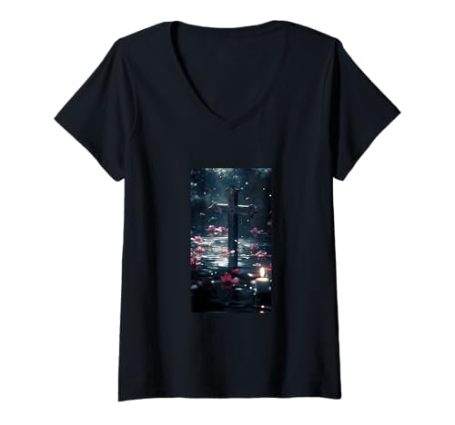 Damen Gothic Kreuz Grunge Aesthetic Y2k Goth Christian T-Shirt mit V-Ausschnitt Damen Gothic Kreuz Grunge Aesthetic Y2k Goth Christian T-Shirt mit V-Ausschnitt von Religious Faith Christianity Cross Jesus