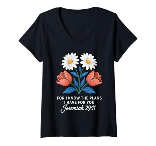 Damen Jeremia 29:11 Floral Faith Scripture T-Shirt mit V-Ausschnitt Damen Jeremia 29:11 Floral Faith Scripture T-Shirt mit V-Ausschnitt von Religious Uplifting Bible Verse