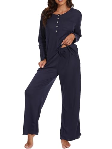 Damen Schlafanzug Langarm Pyjama Set Rundhals Knopf Oberteil Pyjamahose mit Elastischer Bund Taschen Zweiteiliger Hausanzug Nachtwäsche Lounge Sets für Home Outdoor von Reliwel