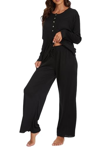 Damen Schlafanzug Langarm Pyjama Set Rundhals Knopf Oberteil Pyjamahose mit Elastischer Bund Taschen Zweiteiliger Hausanzug Nachtwäsche Lounge Sets für Home Outdoor von Reliwel