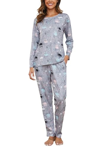 Reliwel Schlafanzug Damen Lang Baumwolle Pyjama Damen Rundhals Oberteil und Schlafanzughose Langarm Loungewear Sleepwear Hausanzug Nachtwäsche Drucken, L von Reliwel
