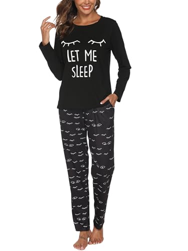 Reliwel Schlafanzug Damen Lang Baumwolle Pyjama Damen Rundhals Oberteil und Schlafanzughose Langarm Loungewear Sleepwear Hausanzug Nachtwäsche B#Schwarz, L von Reliwel