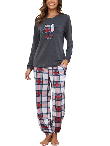 Reliwel Damen Schlafanzug Lang Pyjama Set Baumwolle Soft Zweiteiliger Nachtwäsche Drucken Rundhals Langarm Oberteil und Hose mit Elastischer Bund Taschen Loungewear Hausanzug Sleepwear von Reliwel