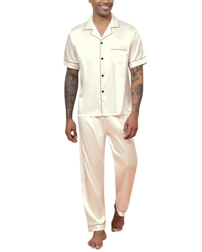 Reliwel Pyjama Herren Satin Schlafanzug Herren Kurz berteil mit Knopfleiste und Schlafanzughose Zweiteiliger Nachtwäsche Männer Hausanzug Sleepwear Loungewear von Reliwel