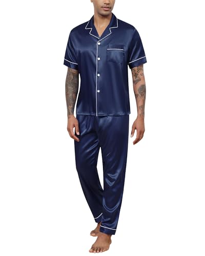 Reliwel Herren Schlafanzug Satin Pyjama Set Kurz Oberteil mit Knopfleiste und Lange Hose Zweiteiliger Nachtwäsche Männer Hausanzug Sleepwear Loungewear von Reliwel