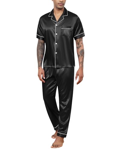 Reliwel Herren Schlafanzug Satin Pyjama Set Kurz Oberteil mit Knopfleiste und Lange Hose Zweiteiliger Nachtwäsche Männer Hausanzug Sleepwear Loungewear von Reliwel