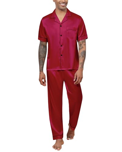 Reliwel Herren Schlafanzug Satin Pyjama Set Kurz Oberteil mit Knopfleiste und Lange Hose Zweiteiliger Nachtwäsche Männer Hausanzug Sleepwear Loungewear von Reliwel