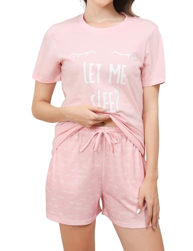 Reliwel Pyjama Damen Kurz Sommer Shorty Pyjama Set aus Baumwolle Zweiteilig mit Wimperndruck Zweiteiliger Rundhals Shirt und Shorts Nachtwäsche Loungewear B#Rosa, L von Reliwel