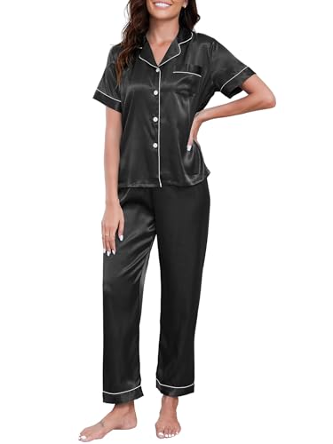Reliwel Pyjama Damen Satin Schlafanzug Damen mit Knopfleiste Kurzarm Hose Seiden Zweiteiliger Pjs Sets Hausanzug Nachtwäsche von Reliwel