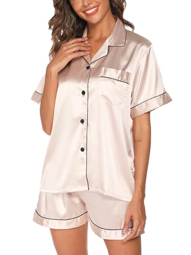 Reliwel Satin Pyjama Damen Zweiteiler Kurz Schlafanzug Set mit Knopfleiste V-Ausschnitt Frauen Seide Nachtwäsche mit Shorts Hausanzug Loungewear S-2XL von Reliwel