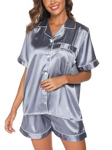 Reliwel Schlafanzug Damen Satin Pyjama Damen Kurz Set mit Knopfleiste V-Ausschnitt Zweiteiliger Pjs Sets Seide Nachtwäsche Kurzarm Sommer Hemdpyjama Hausanzug S-XXL von Reliwel
