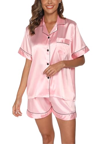 Reliwel Satin Pyjama Damen Zweiteiler Kurz Schlafanzug Set mit Knopfleiste V-Ausschnitt Frauen Seide Nachtwäsche mit Shorts Hausanzug Loungewear S-2XL von Reliwel