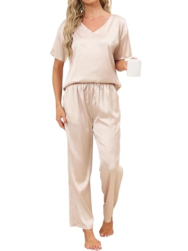 Reliwel Pyjama Damen Satin Schlafanzug Damen Lang Zweiteiler Hausanzug Kurzarm Top & Lang Schlafanzughosen V-Ausschnitt Pyjama Set Nachtwäsche Weich Pj Sets für Frühling Sommer Champagner, M von Reliwel