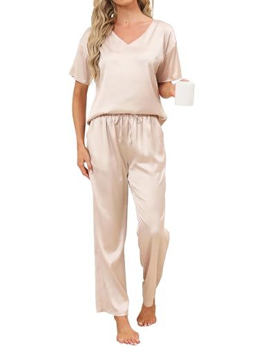 Reliwel Satin Pyjama Damen Zweiteiler Satin Schlafanzug Damen Elegant Silk Pyjama Set Nachtwäsche Hausanzug Kurzarmshirt & Pyjamahose Weich Pj Sets für alle Jahreszeiten von Reliwel