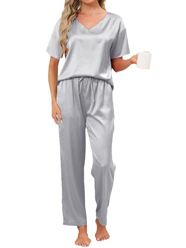 Reliwel Satin Schlafanzug Damen V-Ausschnitt Pyjama Damen mit Knopfleiste Sommer Zweiteiler Hausanzug Kurzarm Top & Lang Schlafanzughosen Nachtwäsche Weich Pj Sets Grau, XL von Reliwel