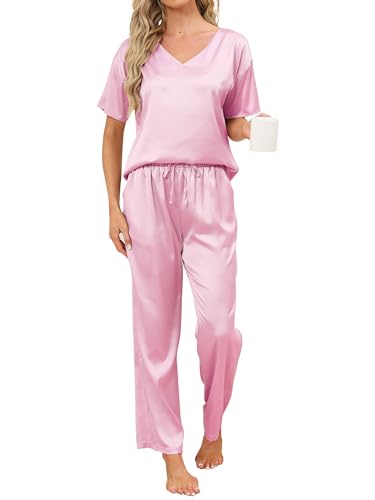 Reliwel Satin Schlafanzug Damen V-Ausschnitt Pyjama Damen mit Knopfleiste Sommer Zweiteiler Hausanzug Kurzarm Top & Lang Schlafanzughosen Nachtwäsche Weich Pj Sets Rosa, XL von Reliwel