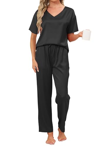 Reliwel Satin Schlafanzug Damen V-Ausschnitt Pyjama Damen mit Knopfleiste Sommer Zweiteiler Hausanzug Kurzarm Top & Lang Schlafanzughosen Nachtwäsche Weich Pj Sets Schwarz, S von Reliwel