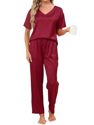 Reliwel Satin Schlafanzug Damen V-Ausschnitt Pyjama Damen mit Knopfleiste Sommer Zweiteiler Hausanzug Kurzarm Top & Lang Schlafanzughosen Nachtwäsche Weich Pj Sets Weinrot, XXL von Reliwel