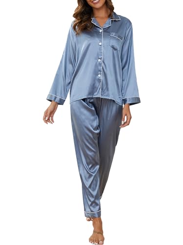 Reliwel Satin Pyjama Damen mit Knopfleiste Zweiteiliger Schlafanzug Langarm Pyjamas Set V-Ausschnitt Nachtwäsche Cozy Klassische Loungewear Hausanzug für Alle Jahreszeiten von Reliwel