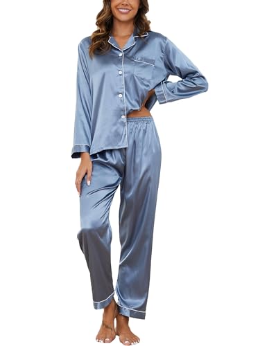 Reliwel Satin Pyjama Damen mit Knopfleiste Zweiteiliger Schlafanzug Langarm Pyjamas Set V-Ausschnitt Nachtwäsche Cozy Klassische Loungewear Hausanzug für Alle Jahreszeiten von Reliwel